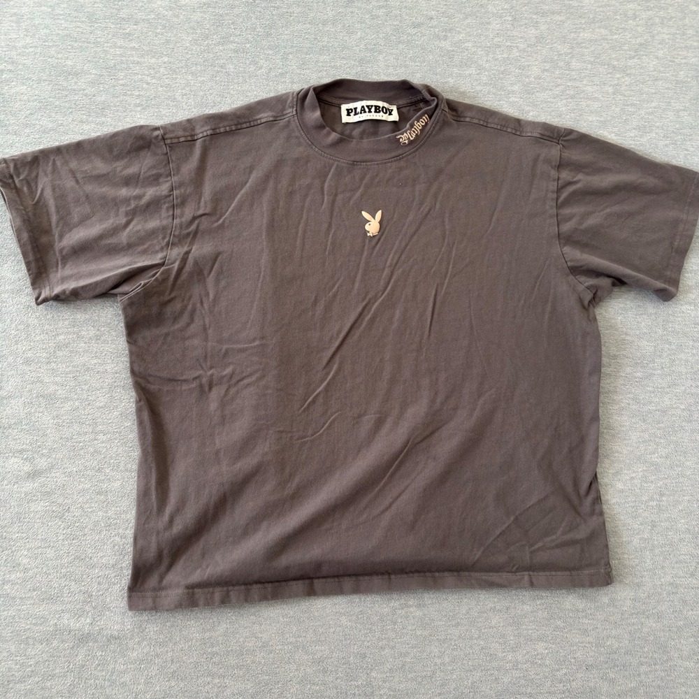 Playboy by PacSun Womens Charcoal Gray Mock Neck Bunny Logo T-Shirt Large